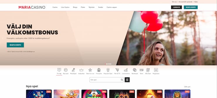 Maria Casino Recension - Bilden visar startsidan på casino Maria